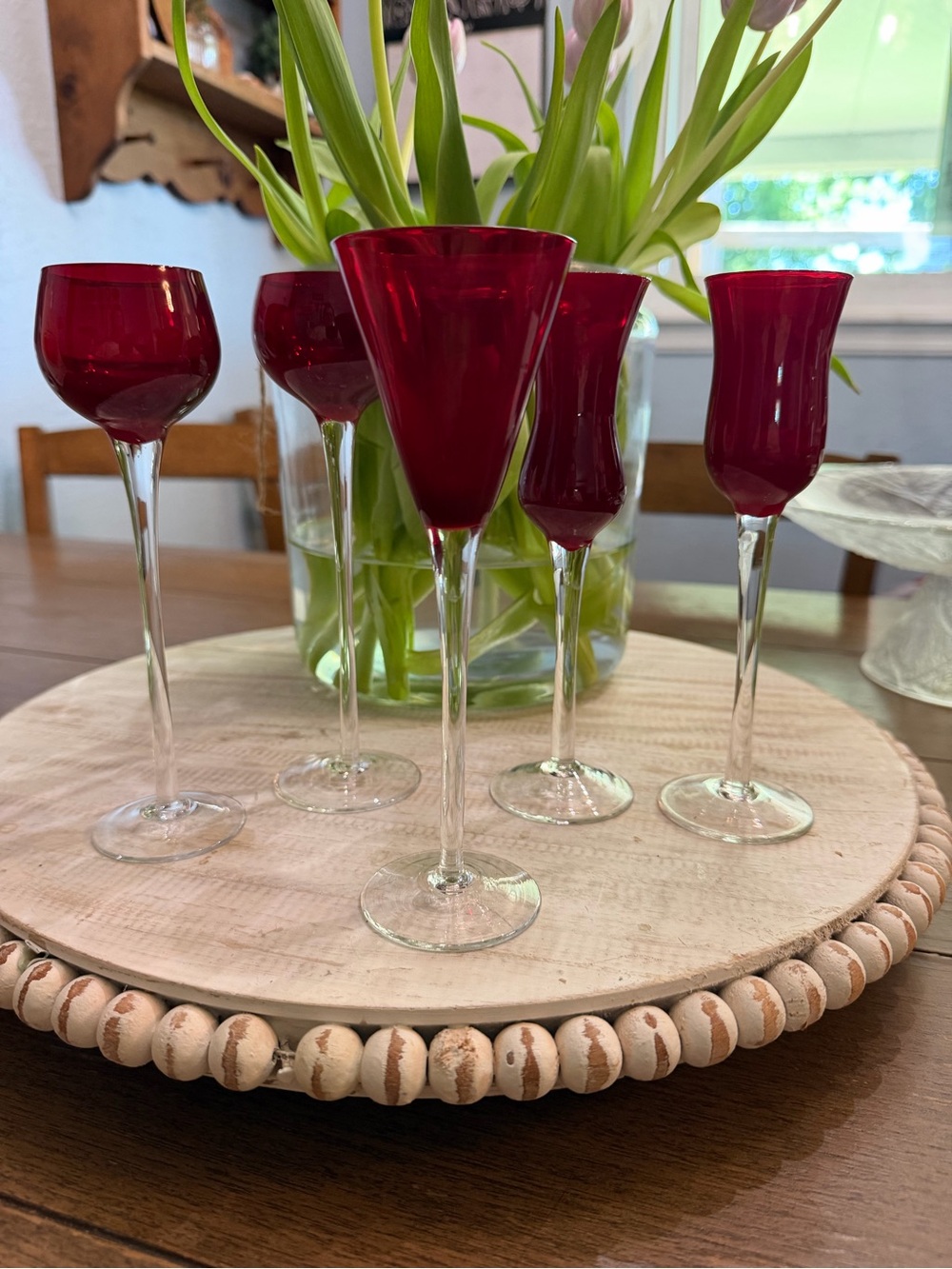 Ruby Red Stemmed Vintage Liqueur Glasses Set of 5